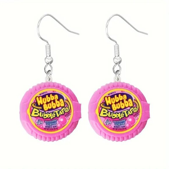 #16 Hubba Bubba Bubble Gum Tape Dangle Earrings Pink Original Flavor - Picture 1 of 1